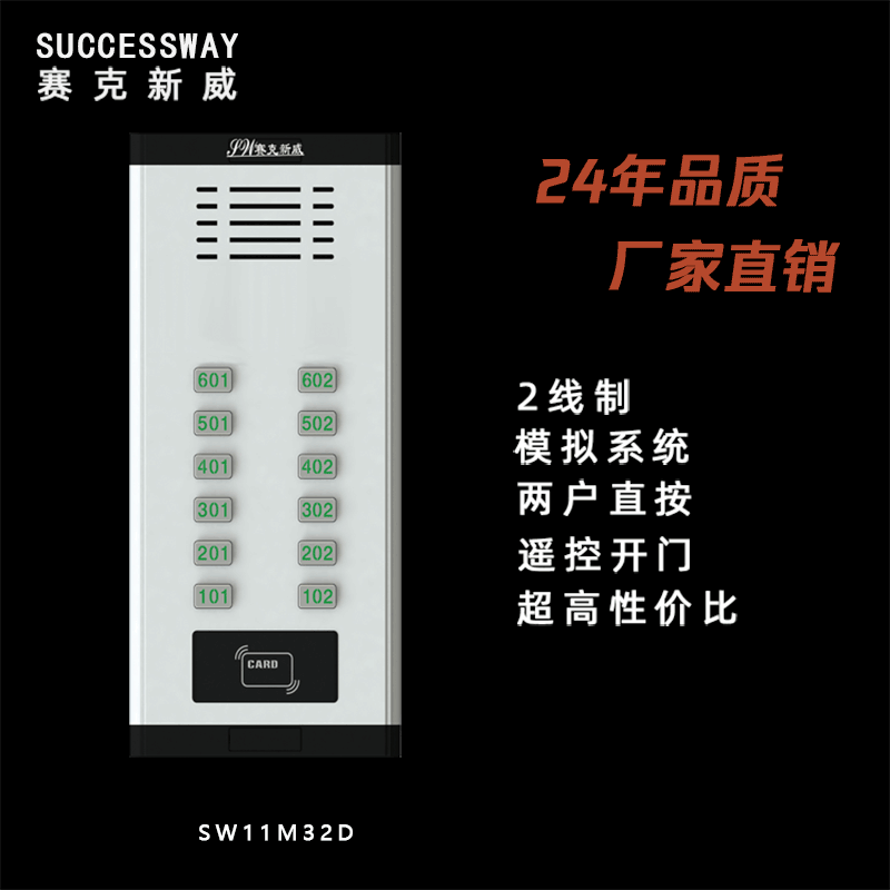 本系統采用先進的非可視對講技術，支持兩戶直按功能，可以在不暴露居民隱私的前提下，實現樓內語音通信。門口機外形簡潔、耐用，適用于各種不同的樓宇環境。通過采用高品質材料和技術，本系統具備穩定、可靠的性能，能夠滿足樓宇對講系統的各種需求。